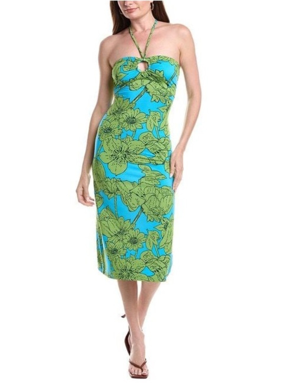 NWT- Flora Bea New York Strapless Blue & Green Floral Halter Midi Dress- Sz Sma